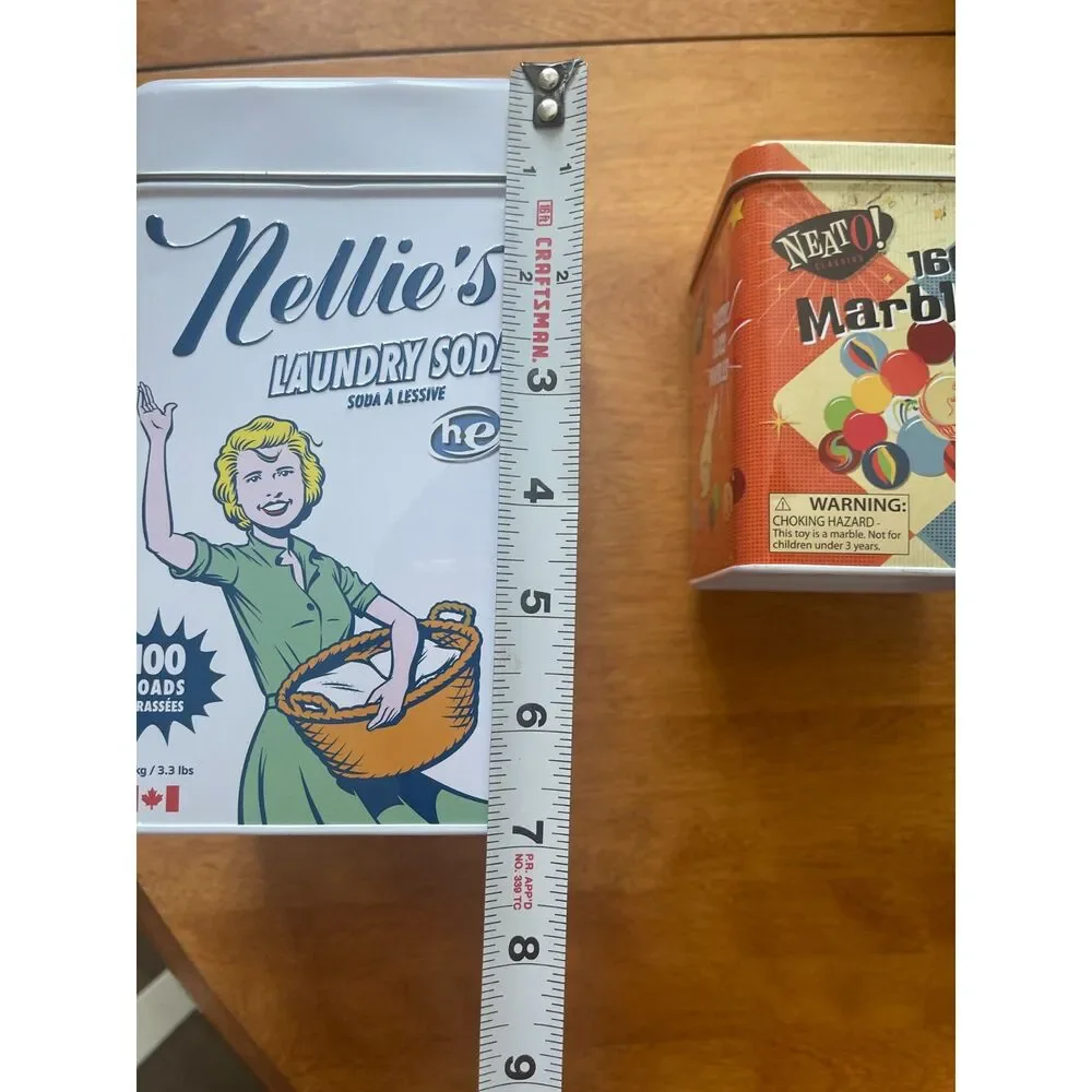 Lot of 2 Tins Nellie's Laundry Detergent & Neto Marbles ~Storage Advertising